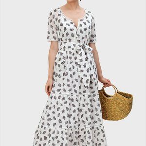 Lace trim floral print swiss dot cotton tiered shirtdress